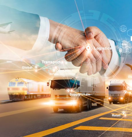 Smart logistics and transportation. Handshake for successful of investment deal teamwork and partnership business partners on logistic global network distribution. Business of transport industrial.